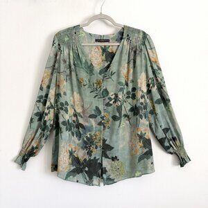 Peruvian Connection Green Floral Long Sleeve Button Down Blouse Women’s Small